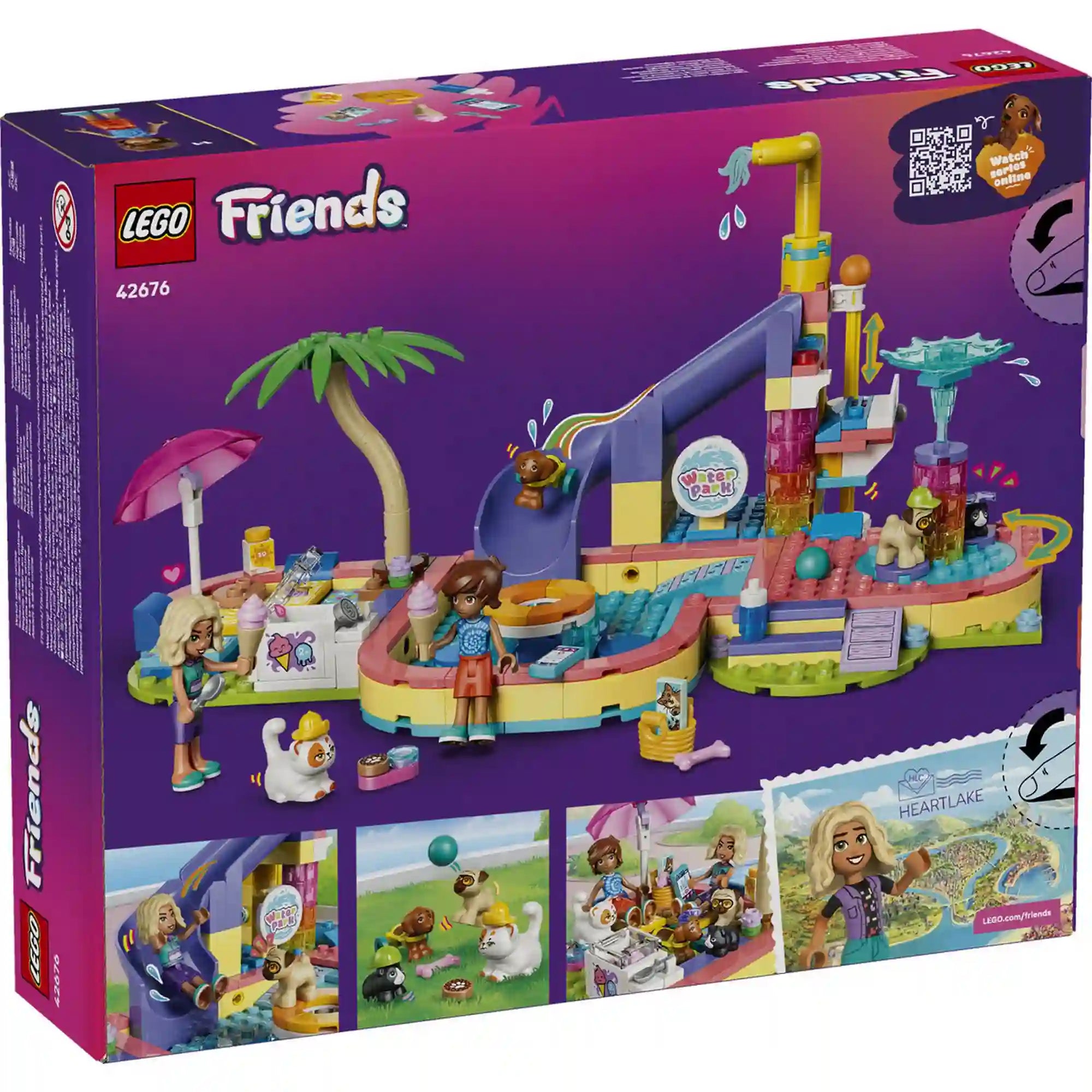 A LEGO Friends Egy vidám nap az aquaparkban készlet hátoldala, amely a játékfunkciókat és a történetmesélési lehetőségeket mutatja be.