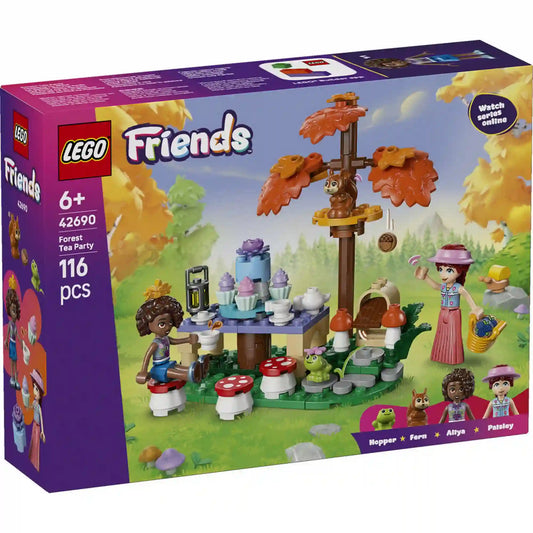 LEGO Friends Erdei teázás 42690 készlet dobozképe erdei teaparti jelenettel, Aliya és Paisley figurákkal, békával, mókussal és gombás asztallal.