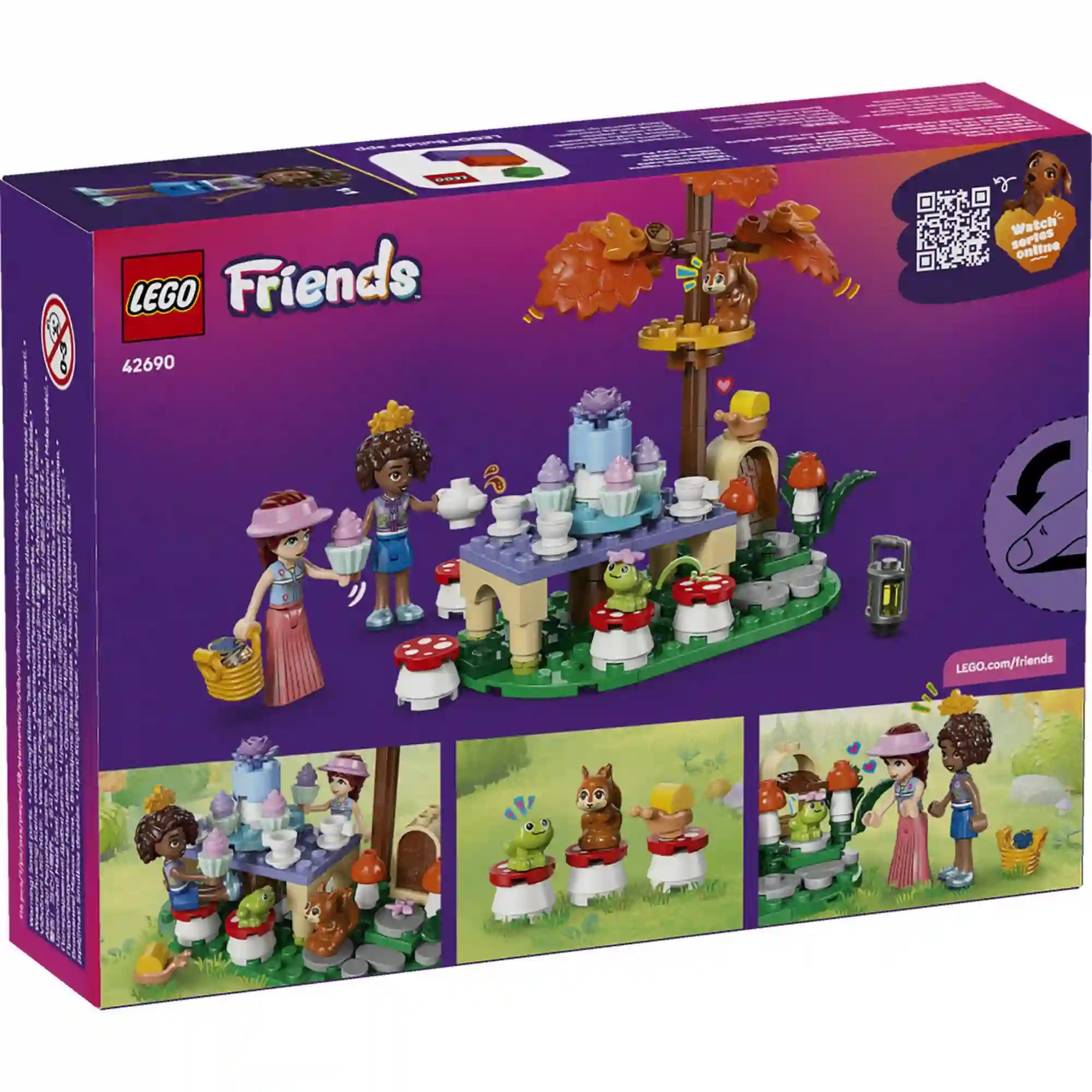 A LEGO Friends Erdei teázás készlet hátoldala, amely bemutatja a játékfunkciókat, a figurákat és az erdei kiegészítőket.