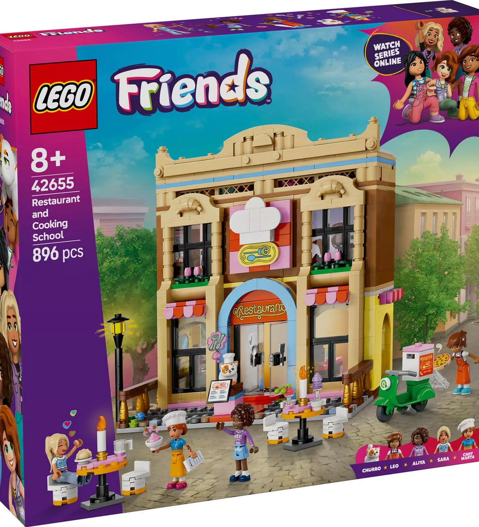 A LEGO Friends Étterem és főzőiskola 42655 készlet színes doboza, amely bemutatja a játék részleteit és tartalmát.
