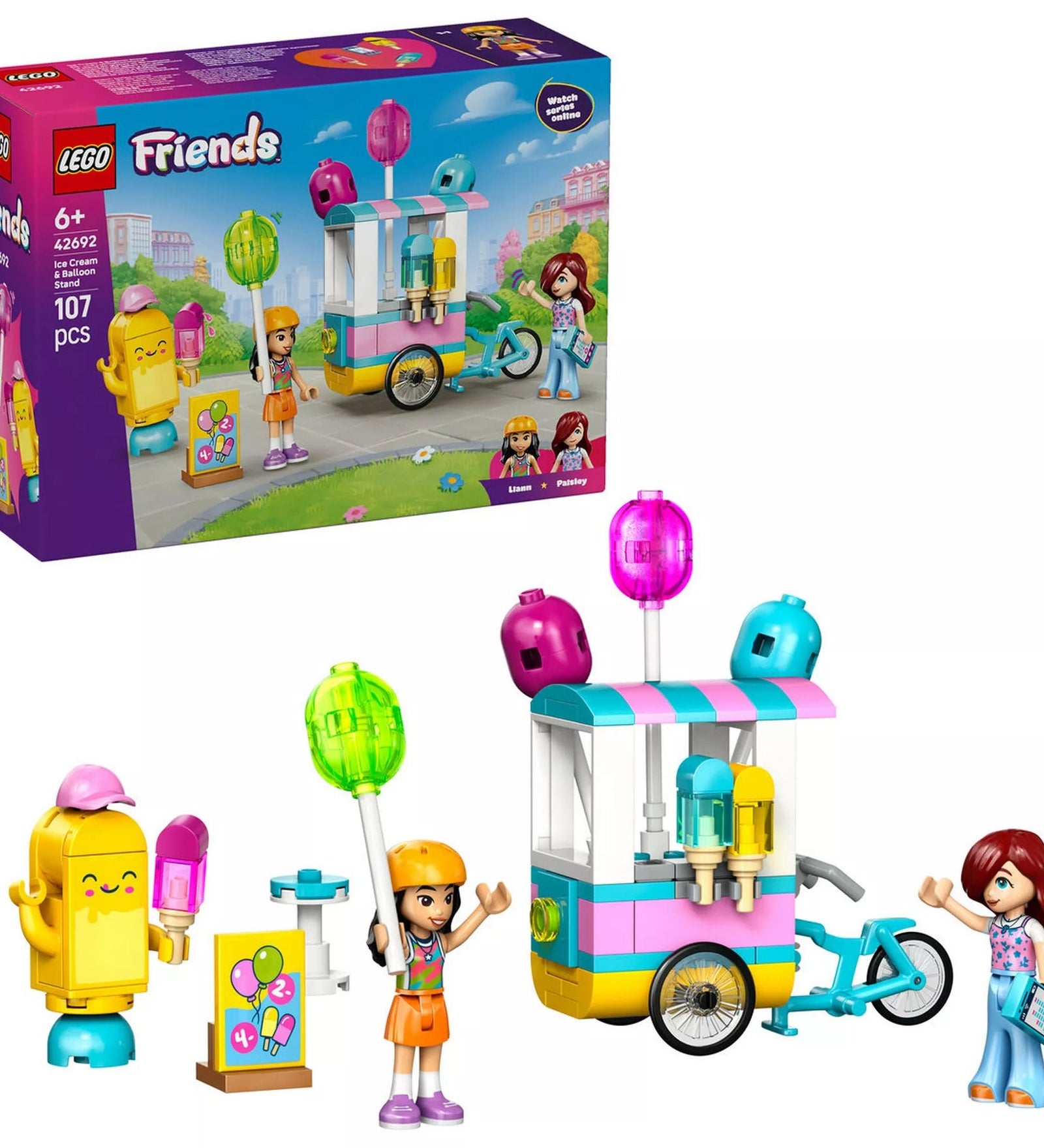 LEGO Friends Jégkrémes és lufis stand (42692) doboza és a megépített készlet egy képen, jól látható jégkrémes biciklis standdal, minifigurákkal és színes kiegészítőkkel.