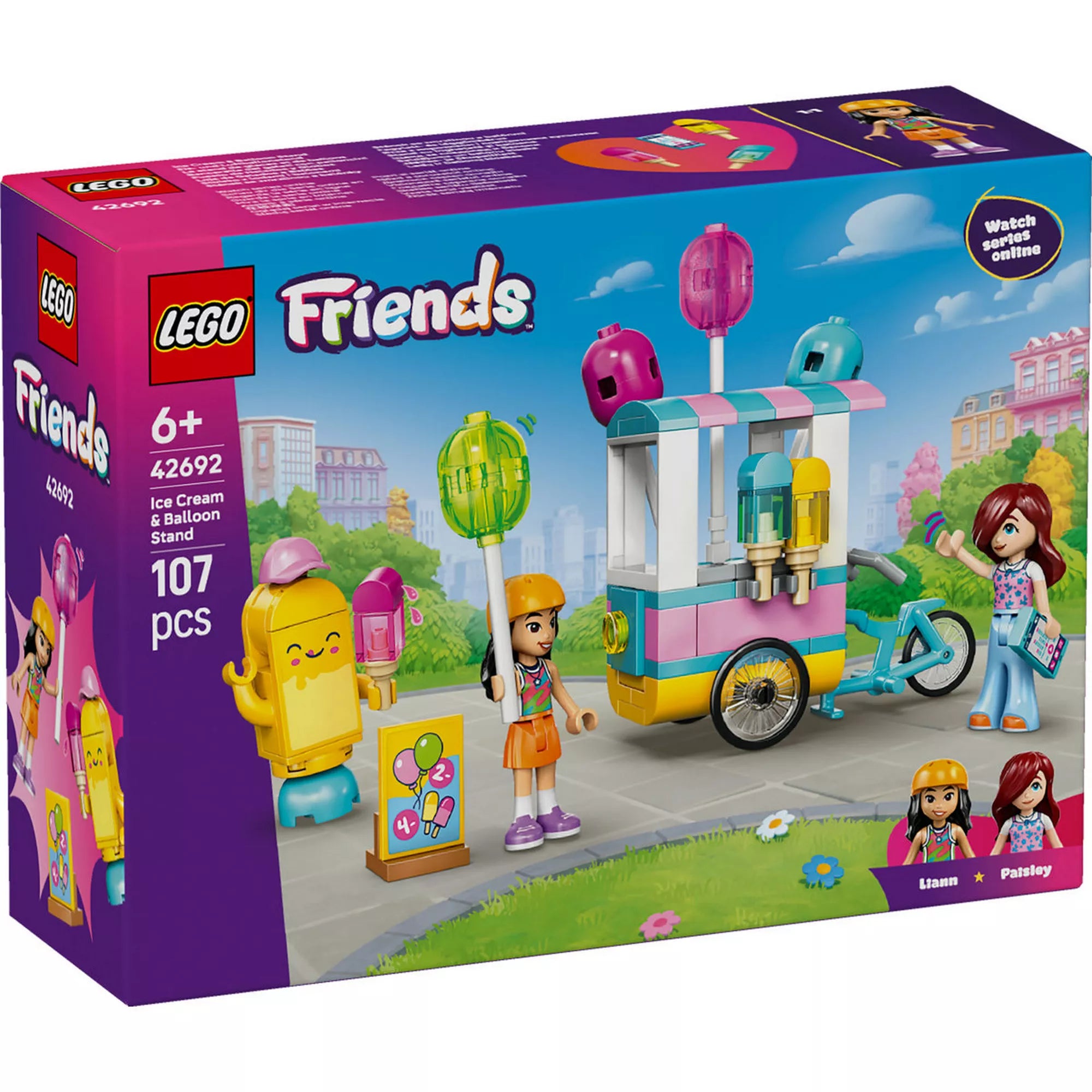 LEGO Friends Stand fagylalttal és lufikkal (42692) készlet dobozának előlapja, fagylaltos standdal, biciklivel, Liann és Paisley minifigurákkal, valamint fagylalt alakú kabalafigurával.