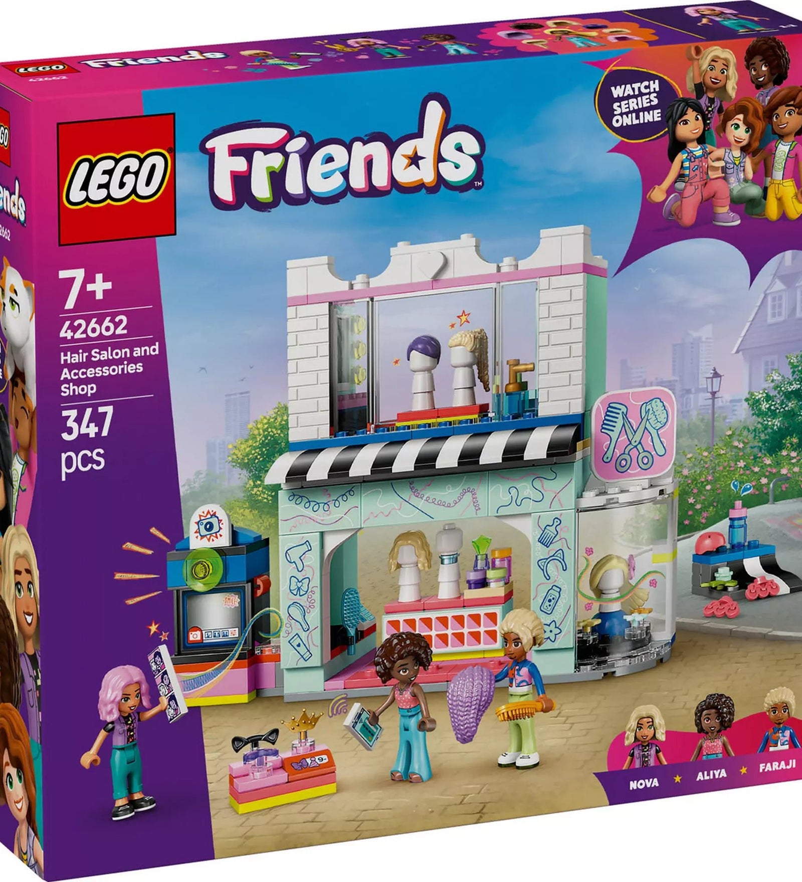 LEGO Friends Fodrászat és fodrászkellékek boltja 42662 csomagolás, amely bemutatja a fodrászüzlet színes, kreatív világát.