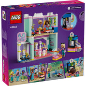 LEGO Friends Fodrászat és fodrászkellékek boltja 42662 hátoldala, a részletek és szereplők megismeréséhez.