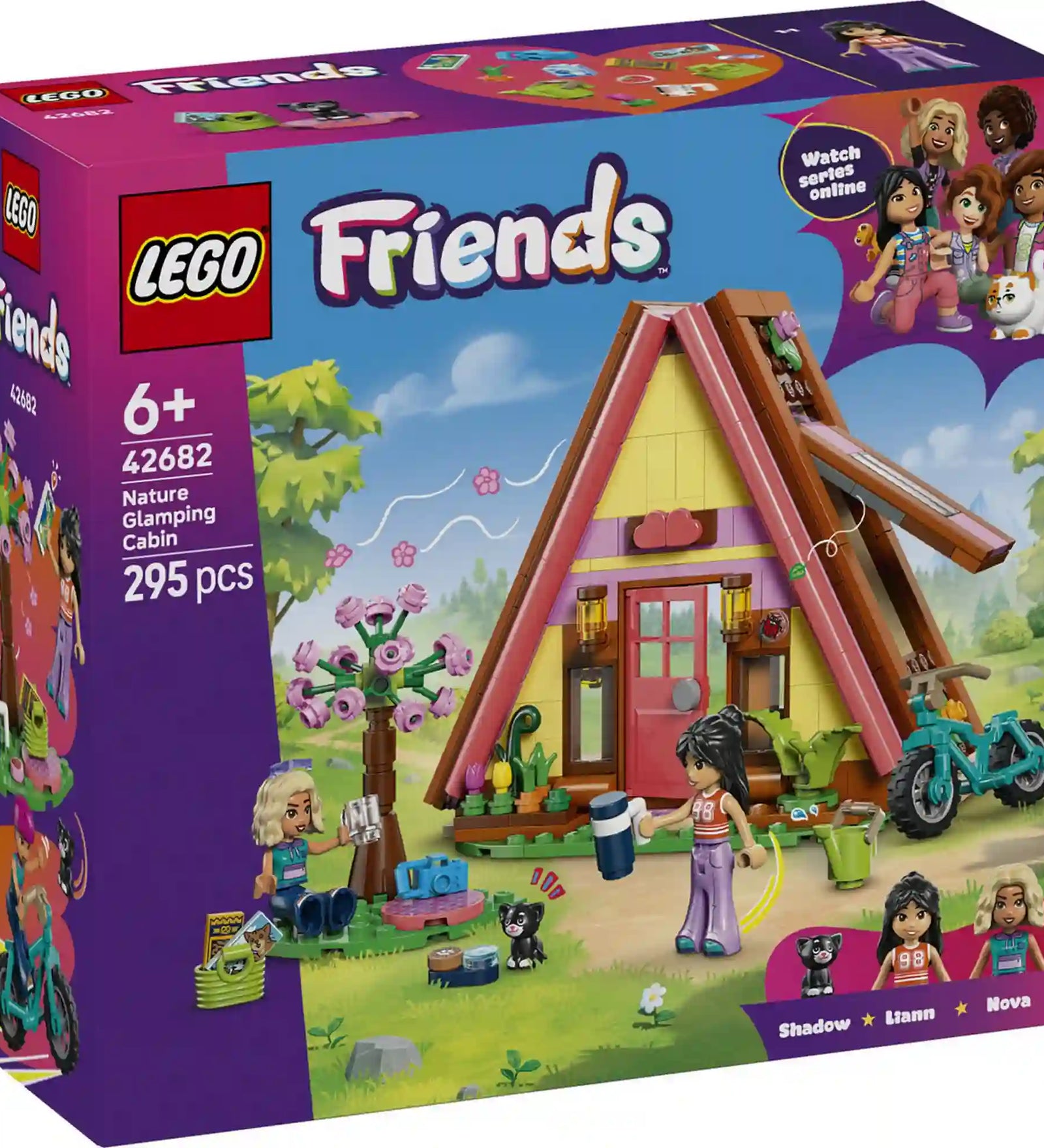 LEGO Friends Glamping kabin 42682 készlet dobozképe alpesi stílusú házikóval, Nova és Liann figurákkal, valamint Shadow cicával.