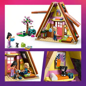LEGO Friends Glamping kabin nyitható belső térrel, konyhával, fekvőhellyel, dekorációkkal és Shadow cicával.