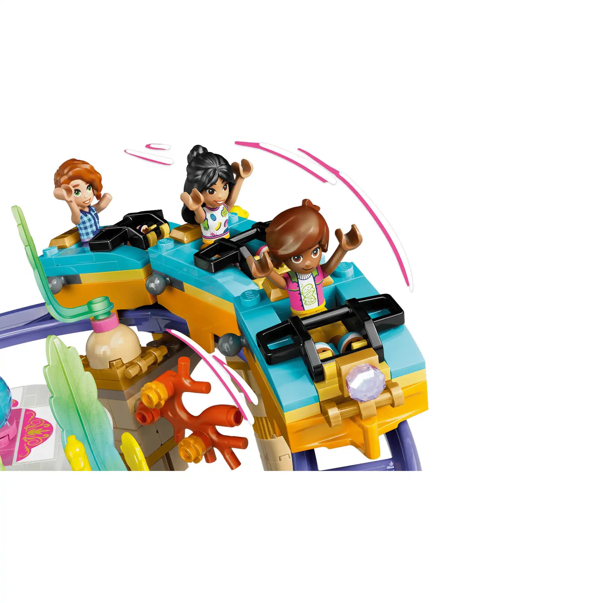 LEGO Friends: Hableányos hullámvasút 42703, 864 darabos készlet hullámvasút kocsija három minibaba figurával, akik izgalmas utazáson vesznek részt a tengeri vidámparkban.