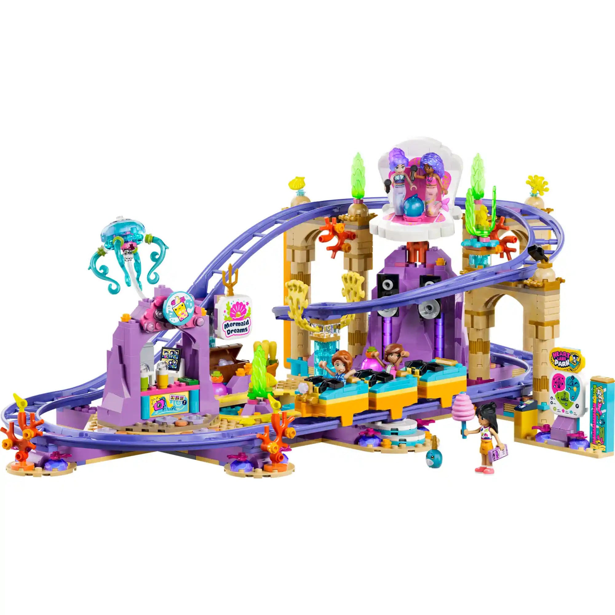 LEGO Friends: Hableányos hullámvasút 42703, 864 darabos készlet látványos hullámvasút pályája mozgó kocsikkal, hableányos koncertszínpaddal és víz alatti vidámparki részletekkel.