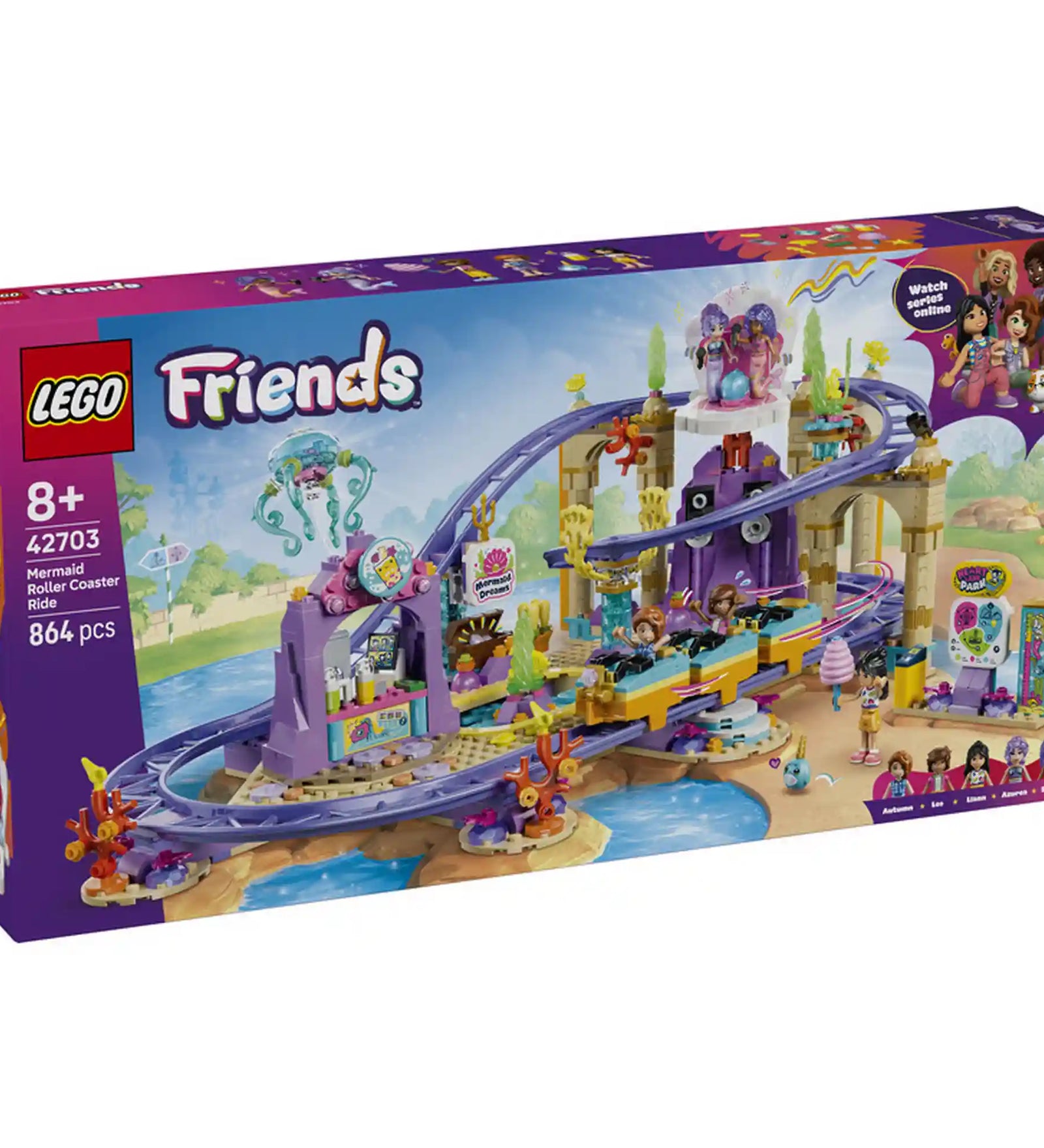 LEGO Friends: Hableányos hullámvasút 42703, 864 darabos készlet elölnézeti dobozképe, amely a teljes tengeri témájú hullámvasút élményt és az öt figurát mutatja be.
