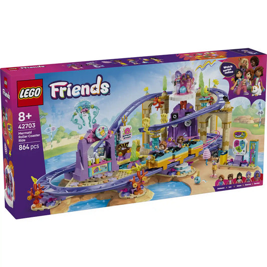 LEGO Friends: Hableányos hullámvasút 42703, 864 darabos készlet elölnézeti dobozképe, amely a teljes tengeri témájú hullámvasút élményt és az öt figurát mutatja be.