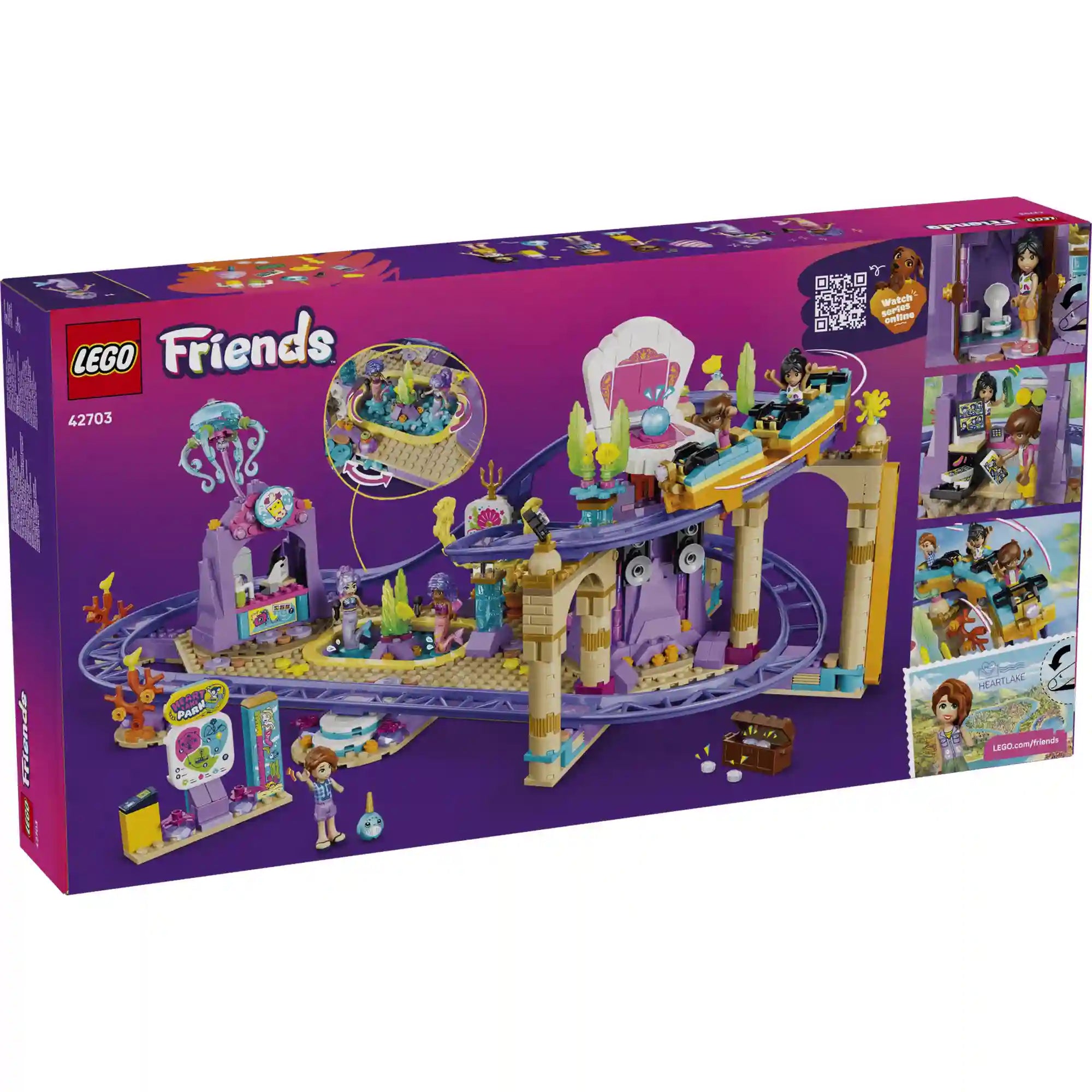 LEGO Friends: Hableányos hullámvasút 42703, 864 darabos készlet hátoldali dobozképe, amely bemutatja a tengeri témájú hullámvasút pályát, a kocsikat, a hableányos színpadot és a játékfunkciókat.