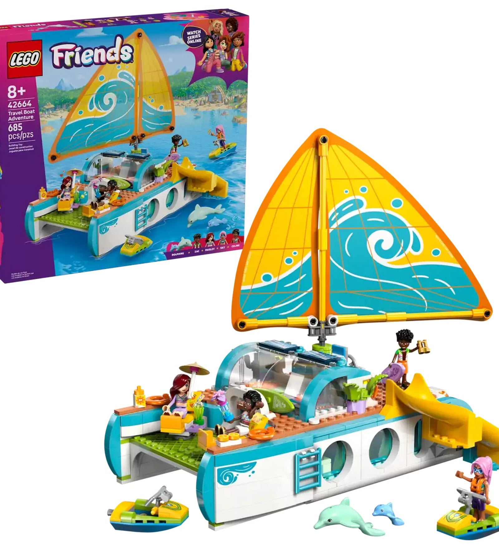 LEGO Friends: Hajós kirándulás és kaland (42664) termékdoboz és hajómodell együtt, barátságos nyári jelenettel és delfinekkel.