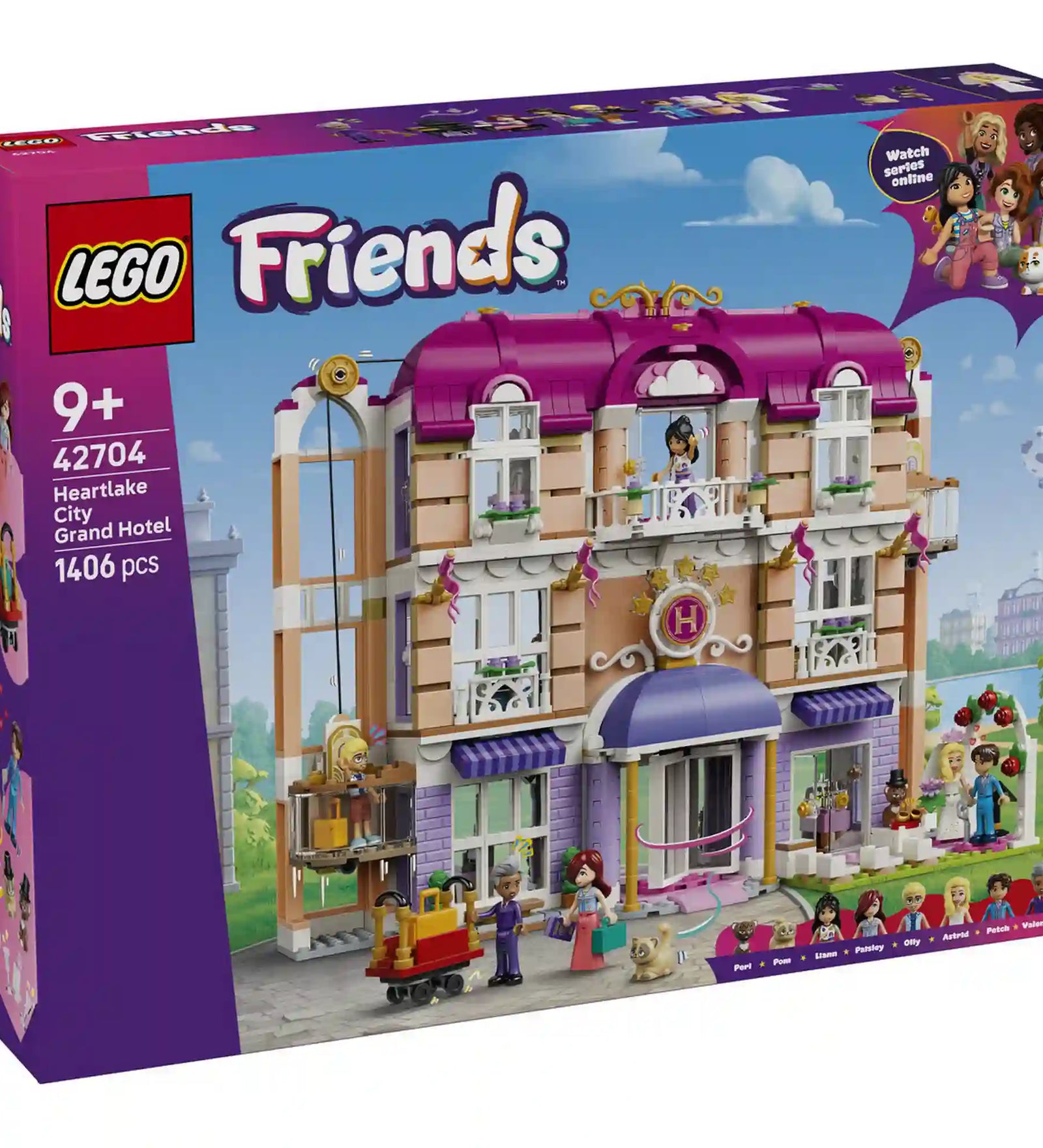 LEGO Friends Heartlake City Grand Hotel (42704) készlet dobozképe, amely a háromszintes luxusszállodát, a működő lifteket, a vendégeket és az esküvői helyszínt mutatja be.