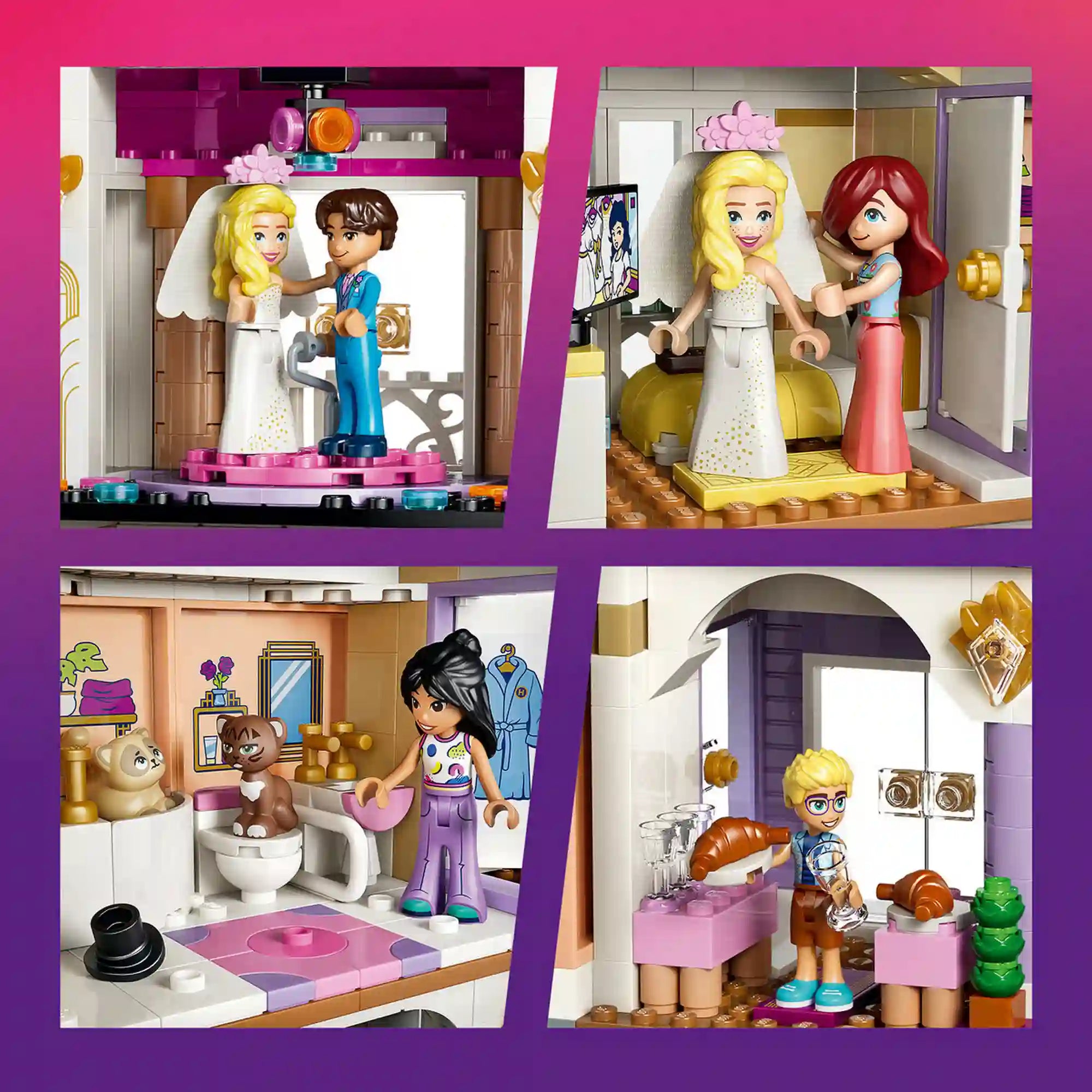 LEGO Friends Heartlake City Grand Hotel belső jelenetei, köztük esküvői terem, lakosztály, fürdőszoba, reggeliző részleg és vendégszobák.