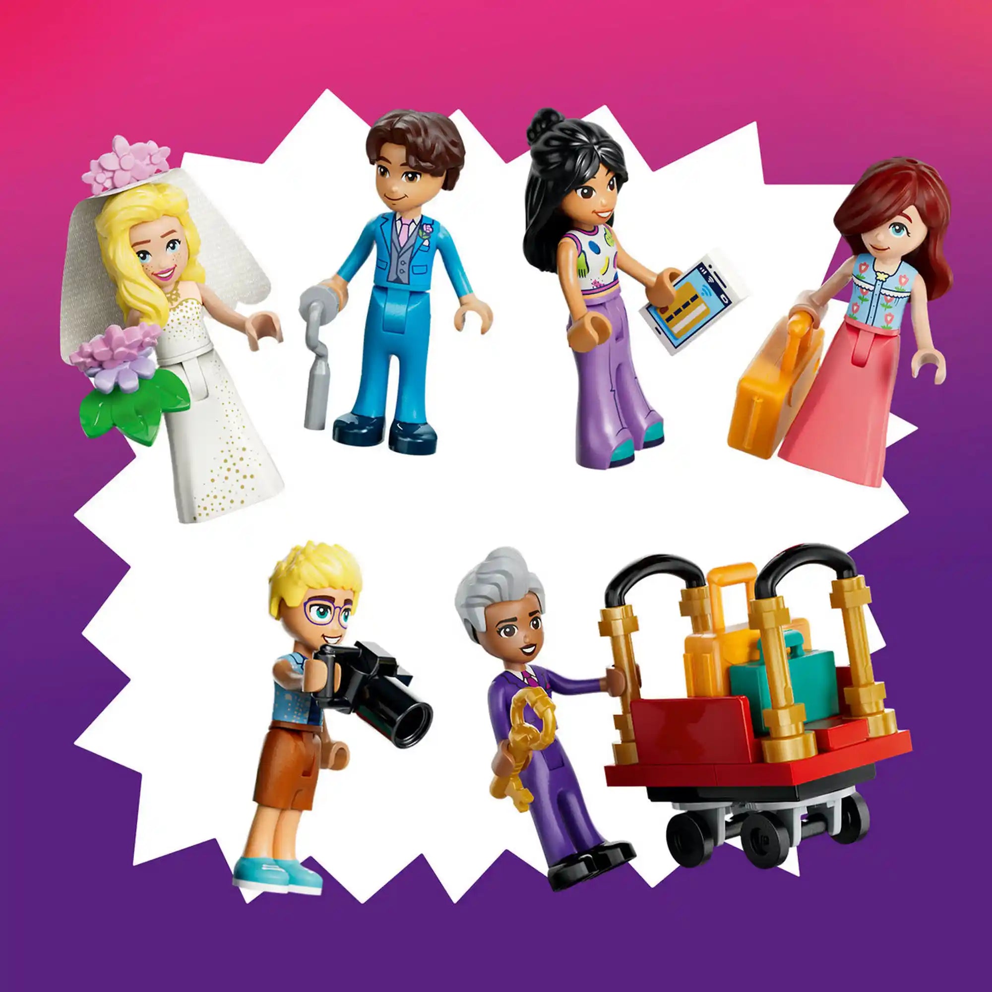 LEGO Friends Heartlake City Grand Hotel figurák és kiegészítők, köztük menyasszony, vőlegény, szállodai vendégek, alkalmazottak, poggyászkocsi és fényképezőgép.