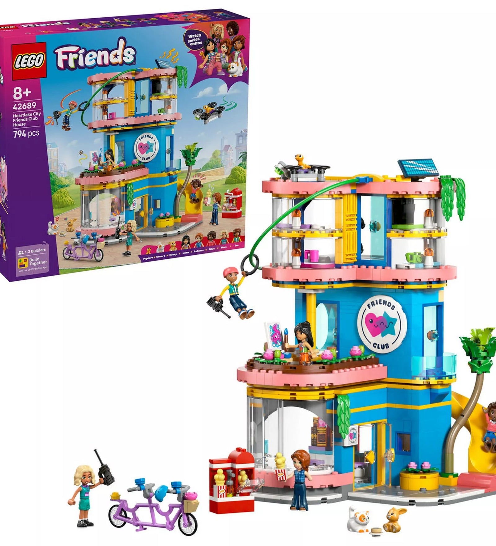 LEGO Friends Heartlake City barátságklub (42689) készlet a dobozzal együtt, felépített klubépülettel, kötélpályával, tandem kerékpárral, minibabafigurákkal és kiegészítőkkel.