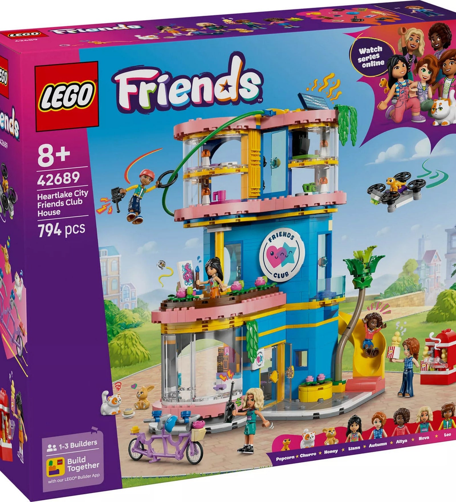 LEGO Friends Heartlake City barátságklub (42689) készlet dobozának eleje, háromszintes klubépülettel, csúszdával, kötélpályával, drónnal, 5 minibabafigurával és állatfigurákkal.