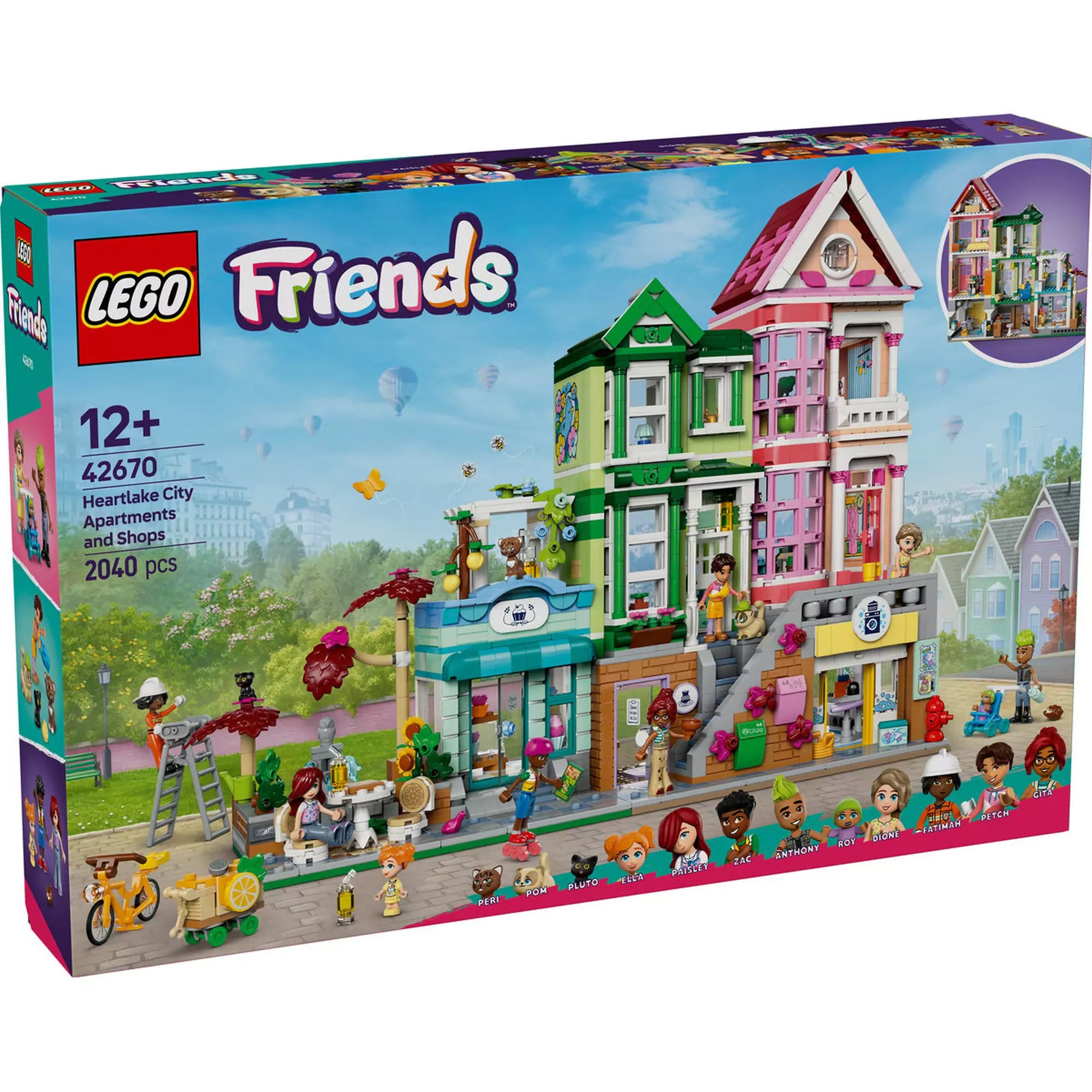 LEGO Friends Heartlake City lakások és üzletek 42670 dobozkép, amely bemutatja a részletes építőkészlet tartalmát és színes elemeit.