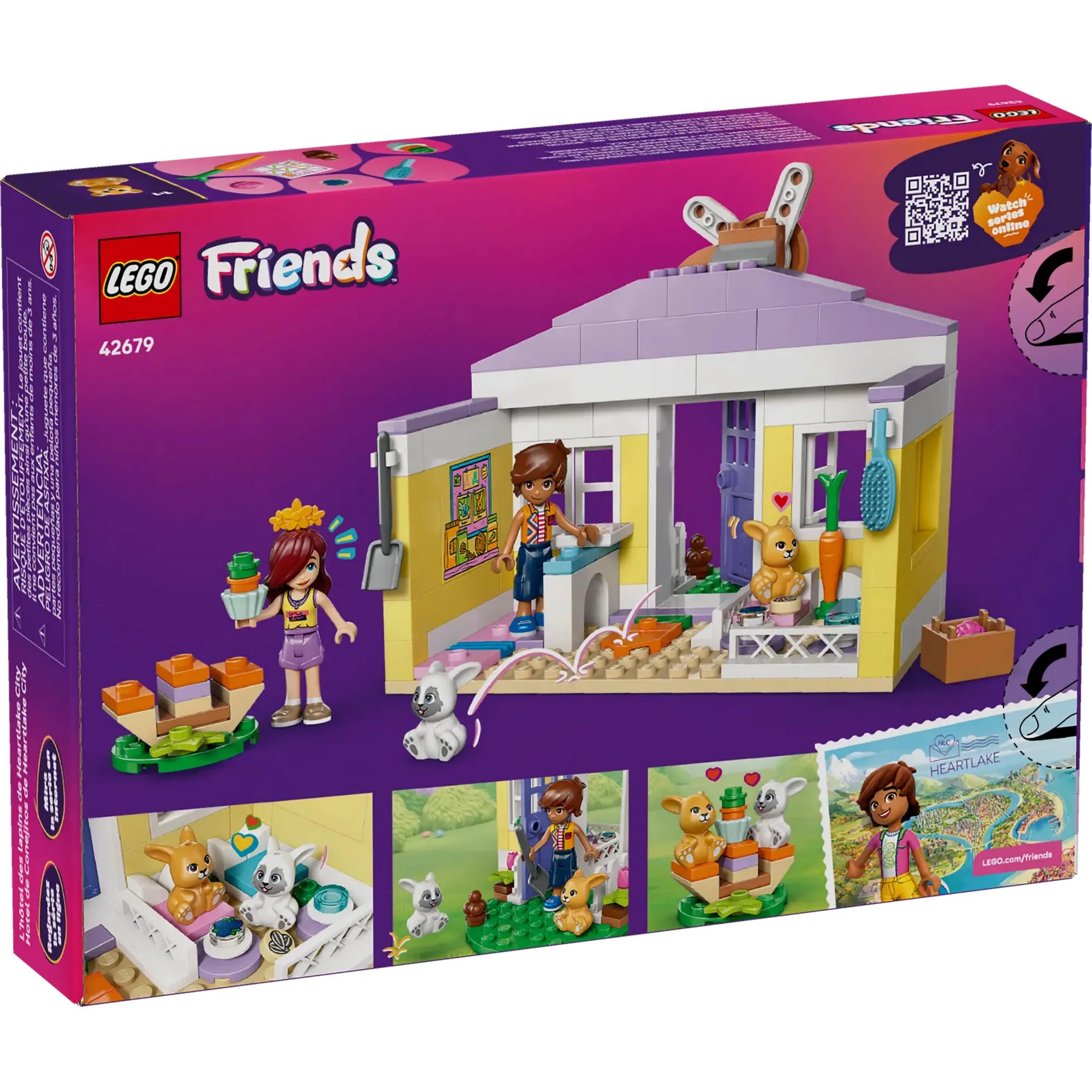 LEGO Friends nyuszipanzió doboz hátoldala, a belső terek, nyusziágyak, kiegészítők és játékfunkciók bemutatásával