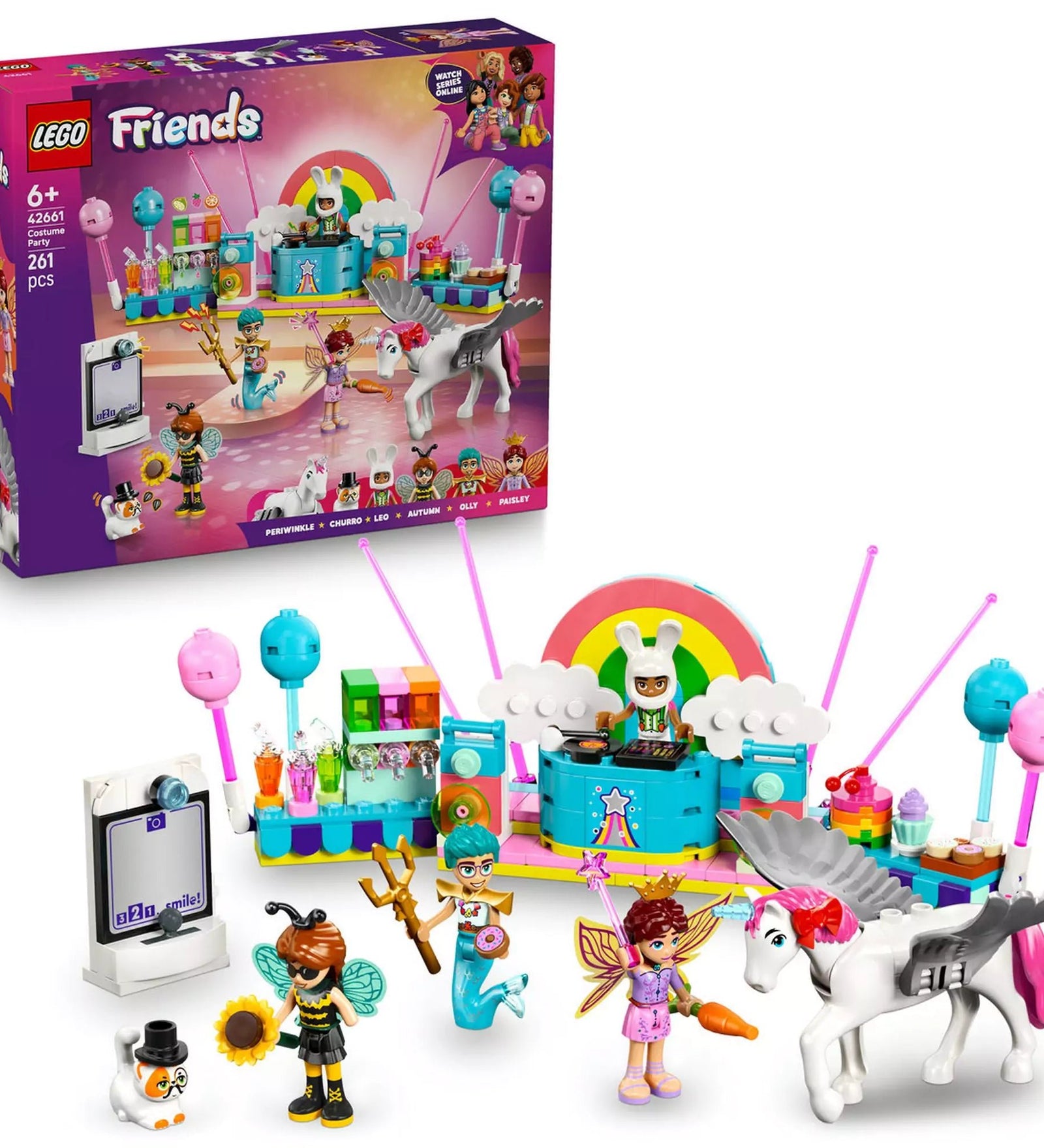 LEGO Friends Jelmezes buli egyszarvúval és tündérrel (42661) készlet a dobozzal, karakterekkel, DJ-pulttal és repülő egyszarvúval.