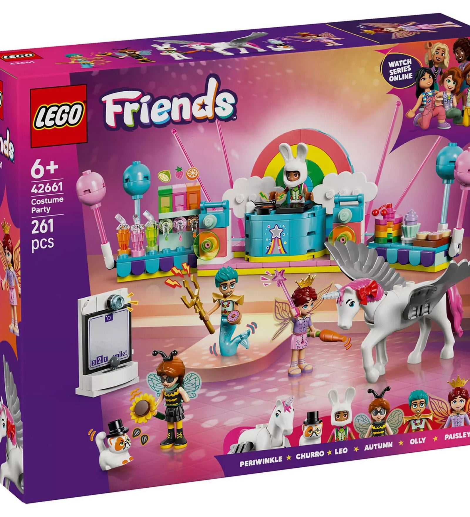 LEGO Friends Jelmezes buli egyszarvúval és tündérrel (42661) doboz előlap, színes színpaddal, figurákkal és egyszarvúval.