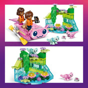 LEGO Friends axolotltémájú hajó Leo figurával és Alba mikrofigurával, mentőmellényekkel és evezőkkel