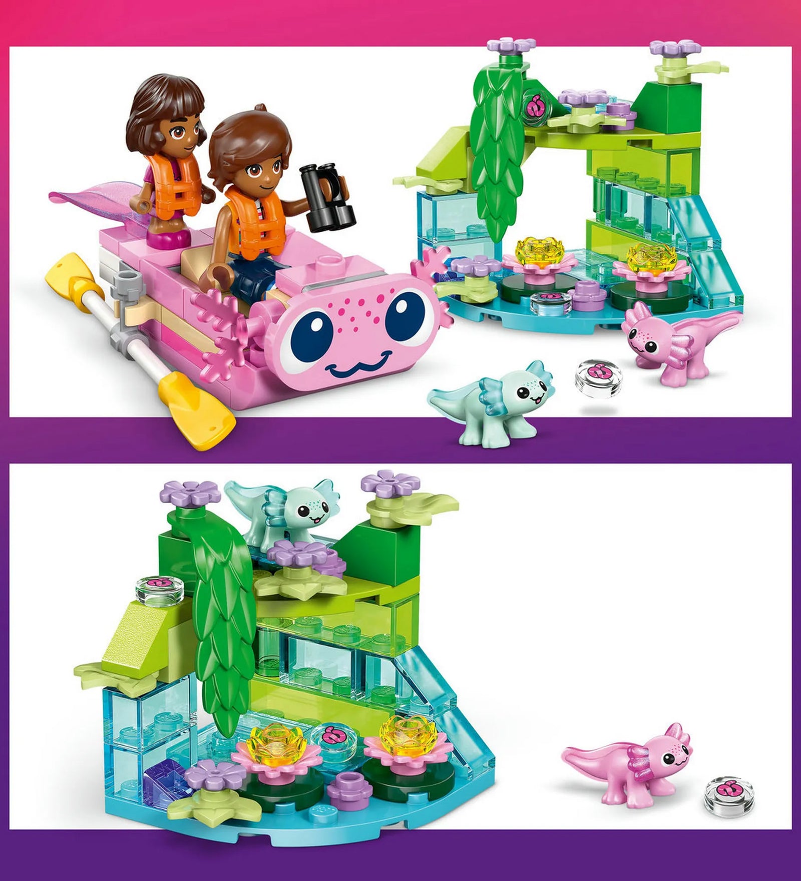 LEGO Friends axolotltémájú hajó Leo figurával és Alba mikrofigurával, mentőmellényekkel és evezőkkel