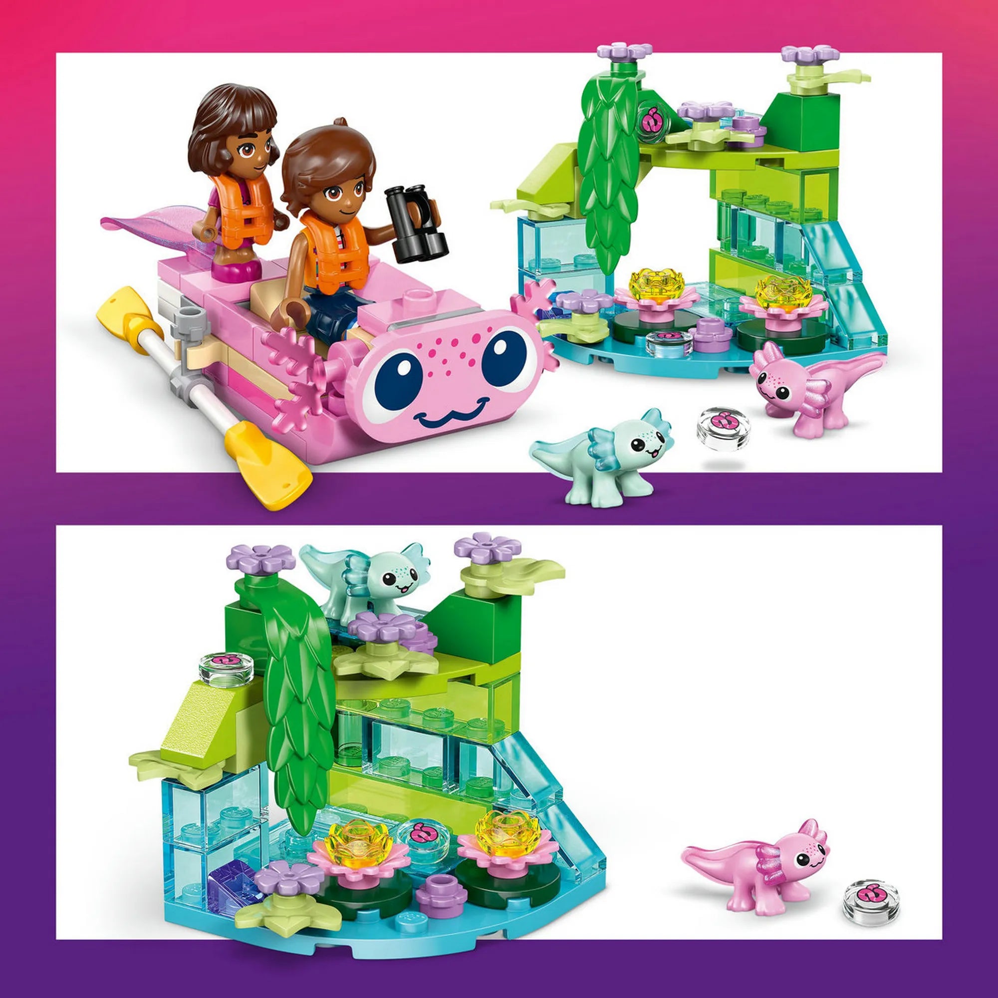LEGO Friends axolotltémájú hajó Leo figurával és Alba mikrofigurával, mentőmellényekkel és evezőkkel