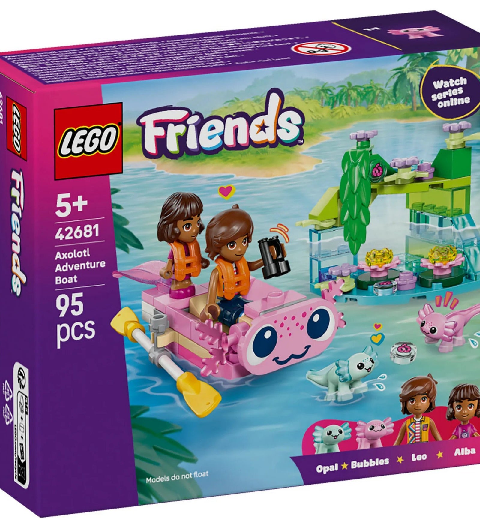 LEGO Friends Kalandok az axolotlhajón (42681) doboz eleje, axolotlhajóval, figurákkal és vízi kaland jelenettel