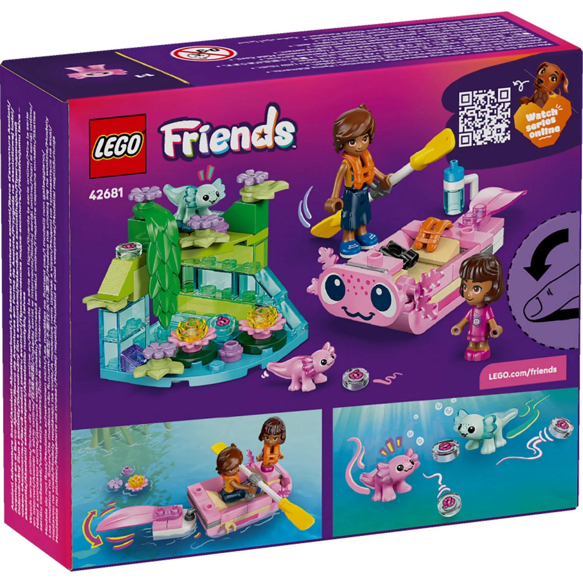 LEGO Friends Kalandok az axolotlhajón (42681) doboz hátoldala, játékfunkciók és jelenetek bemutatásával