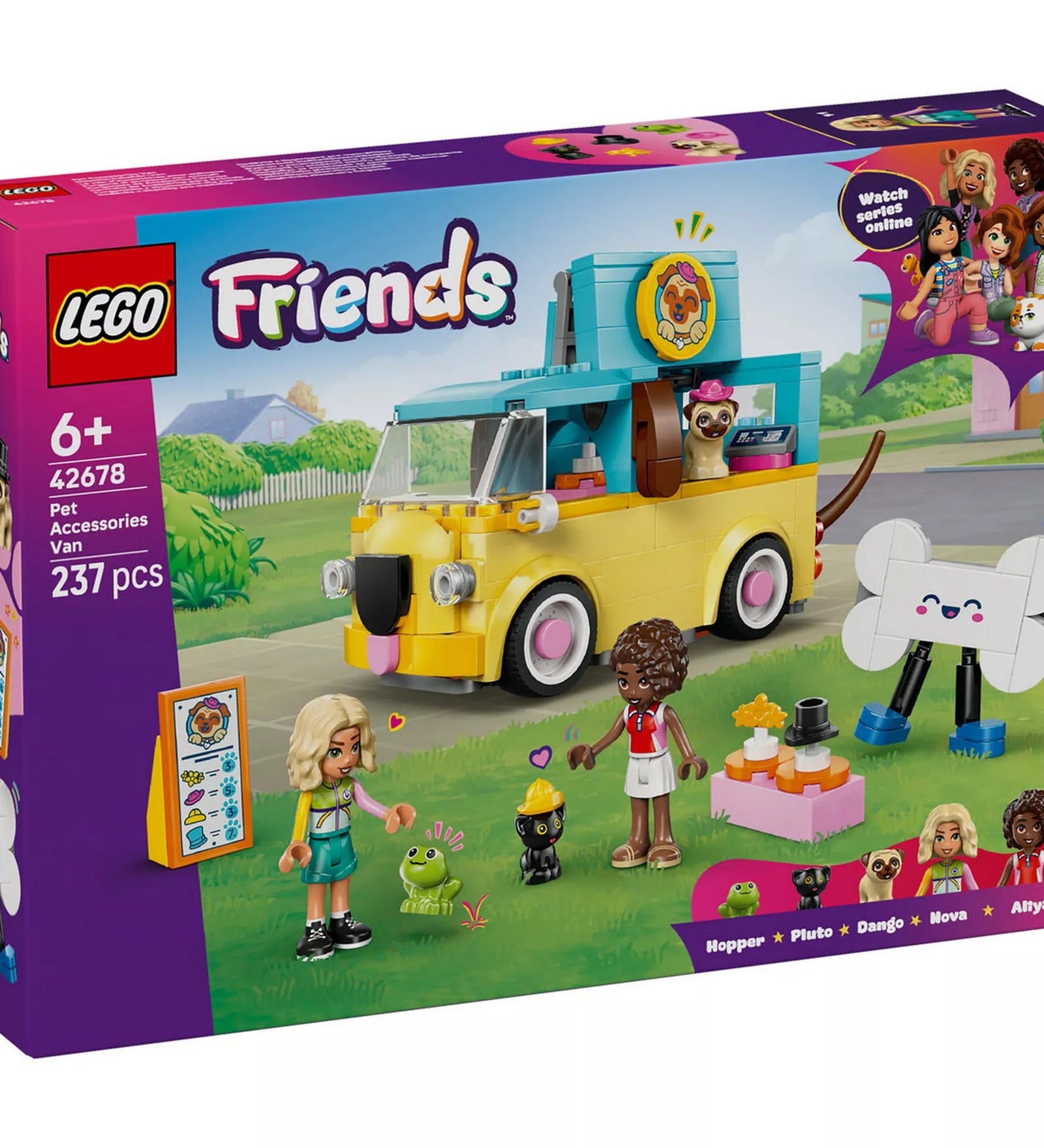 LEGO Friends Kisteherautó kisállatfelszerelésekkel (42678) játékkészlet doboza elölnézetből, mopsz formájú furgonnal, figurákkal és állatfigurákkal