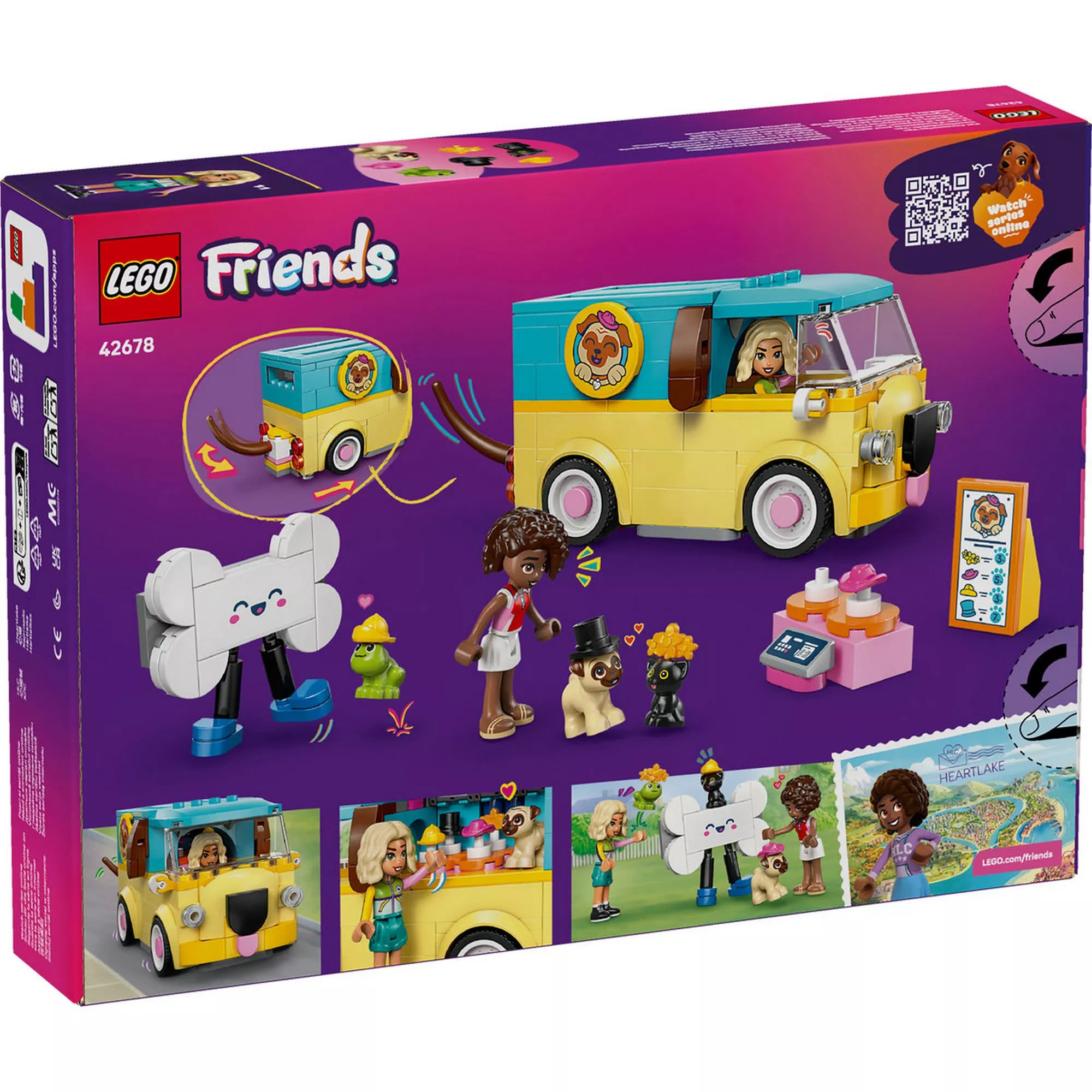 LEGO Friends Kisteherautó kisállatfelszerelésekkel (42678) doboz hátoldala, a játékmenet bemutatásával, kiegészítőkkel és funkciókkal