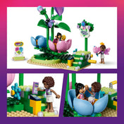LEGO Friends: Körhinta virágokkal és tündérekkel 42702, 321 darabos készlet részletei, virág alakú forgó körhintával, tündérfigurákkal és interaktív játékelemekkel.