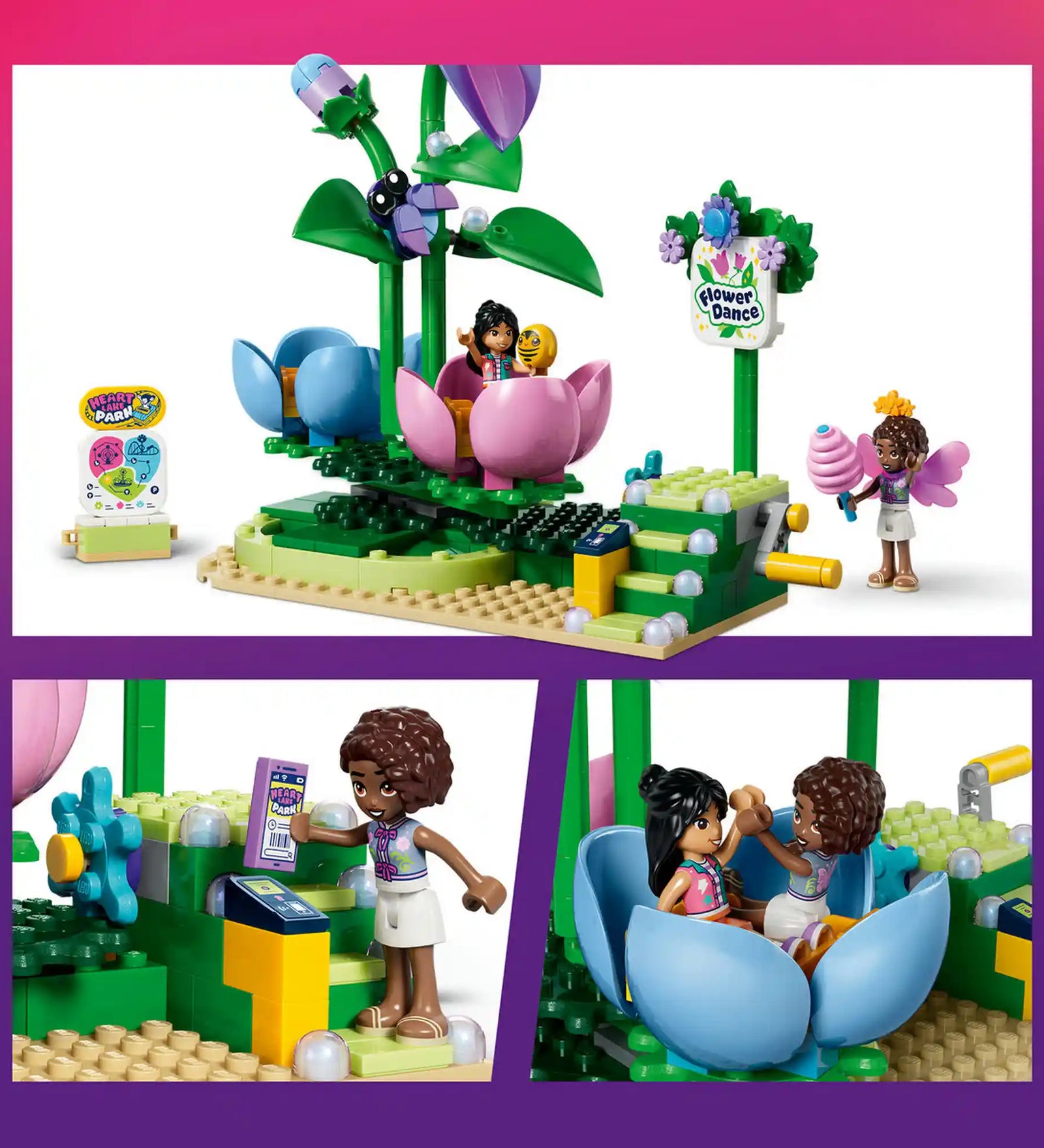 LEGO Friends: Körhinta virágokkal és tündérekkel 42702, 321 darabos készlet részletei, virág alakú forgó körhintával, tündérfigurákkal és interaktív játékelemekkel.