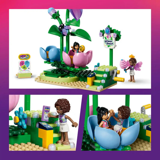 LEGO Friends: Körhinta virágokkal és tündérekkel 42702, 321 darabos készlet részletei, virág alakú forgó körhintával, tündérfigurákkal és interaktív játékelemekkel.