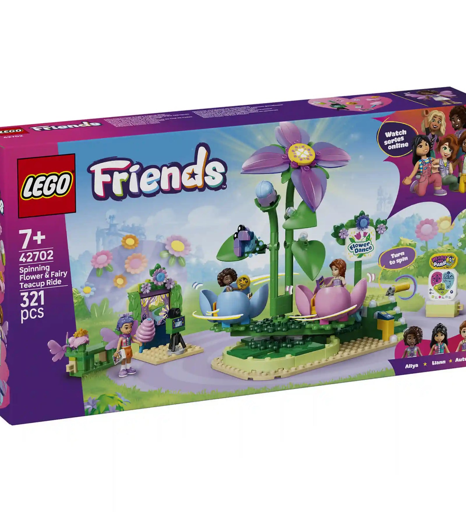 LEGO Friends: Körhinta virágokkal és tündérekkel 42702, 321 darabos készlet dobozképe a virágos körhintával, tündérfigurákkal és Heartlake City vidámparki témájú jelenettel.