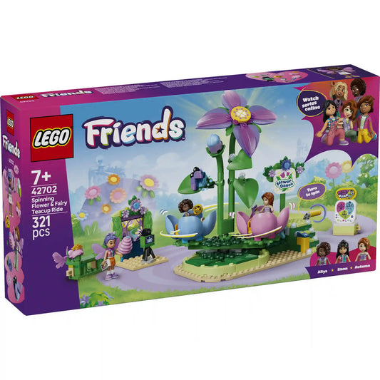 LEGO Friends: Körhinta virágokkal és tündérekkel 42702, 321 darabos készlet dobozképe a virágos körhintával, tündérfigurákkal és Heartlake City vidámparki témájú jelenettel.