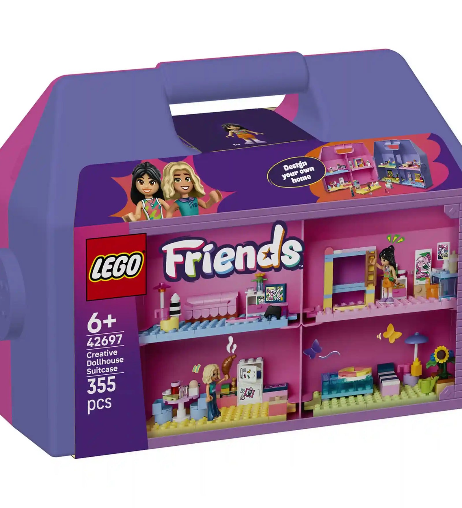 LEGO Friends Kreatív, bőröndalakú babaház 42697 készlet dobozképe hordozható babaházzal, nyolc szobával, Liann és Nova figurákkal.