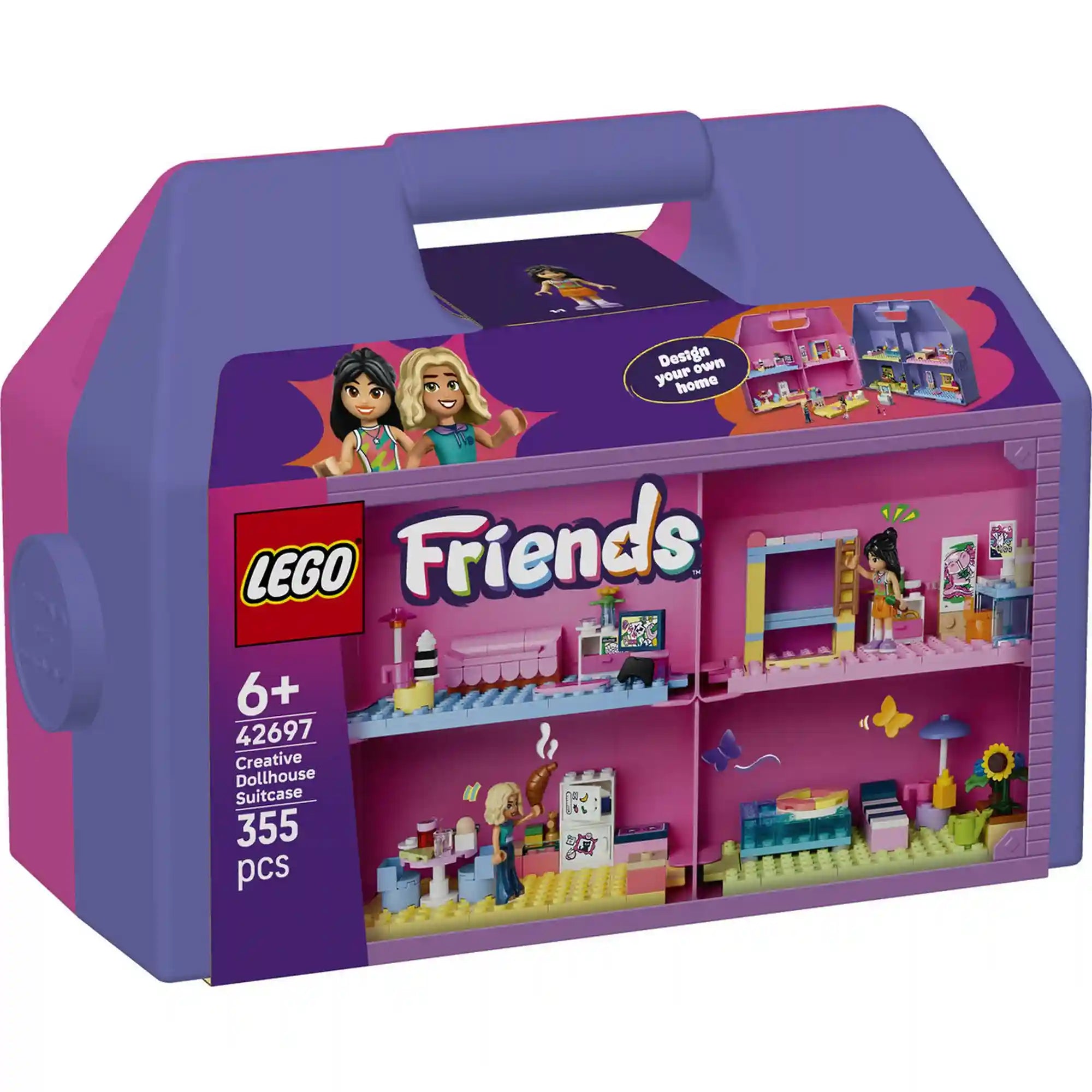 LEGO Friends Kreatív, bőröndalakú babaház 42697 készlet dobozképe hordozható babaházzal, nyolc szobával, Liann és Nova figurákkal.