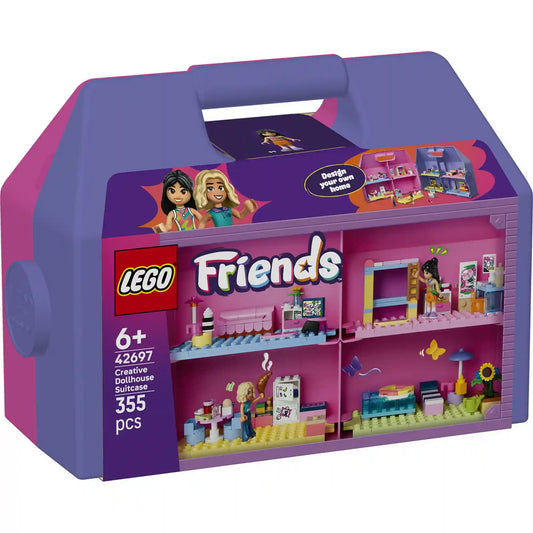 LEGO Friends Kreatív, bőröndalakú babaház 42697 készlet dobozképe hordozható babaházzal, nyolc szobával, Liann és Nova figurákkal.
