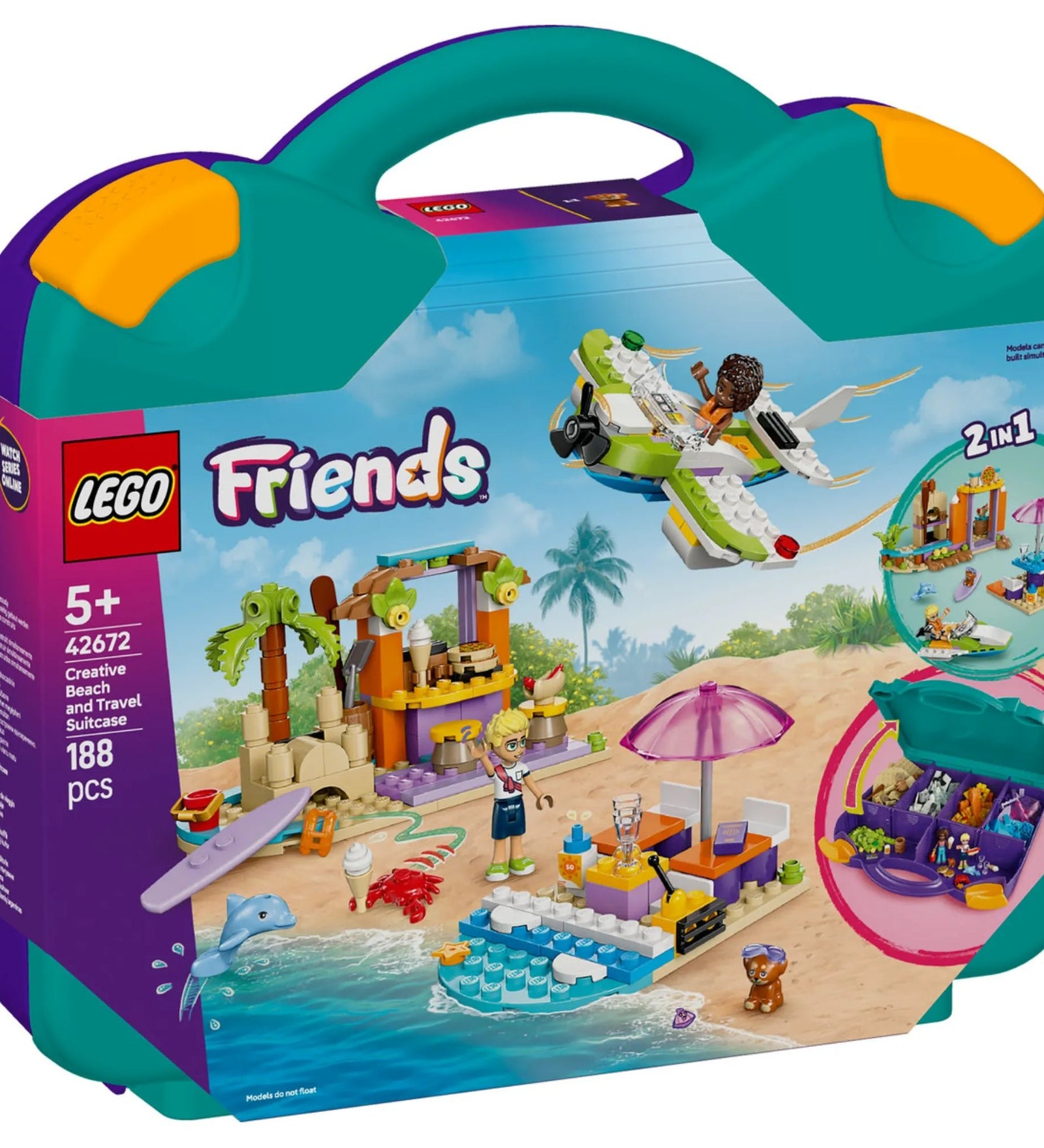 LEGO Friends Kreatív tengerparti bőrönd 42672 - doboz képe, amely bemutatja a szett kétféle építési lehetőségét és vidám, nyárias hangulatát.