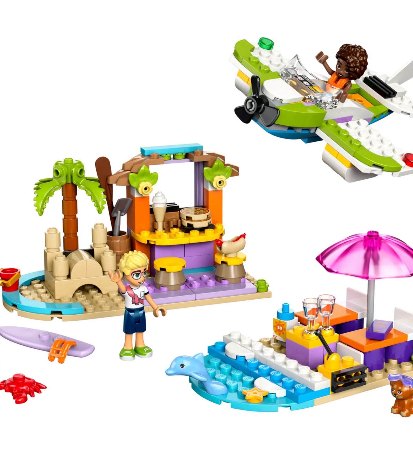 LEGO Friends Kreatív tengerparti bőrönd 42672 - három különböző tengerparti jelenet építési lehetőséggel: hidroplán, tengerparti kávézó és pihenőterület.