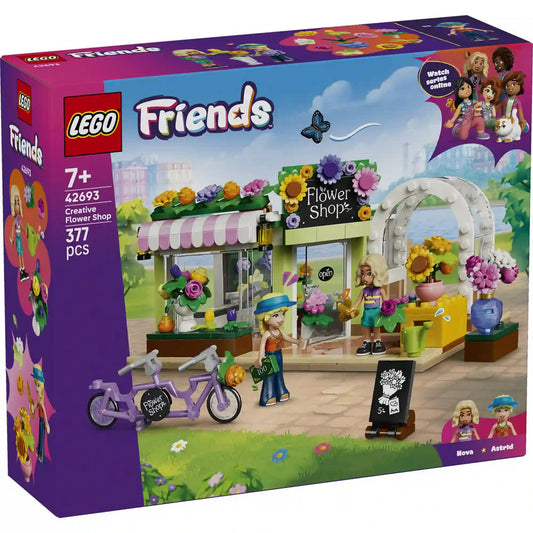 LEGO Friends Kreatív virágbolt 42693 készlet dobozképe színes virágüzlettel, kerékpárral és Heartlake City hangulattal.