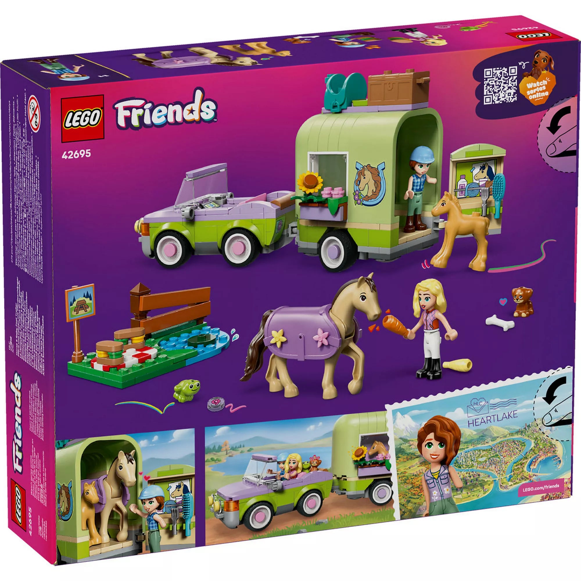 LEGO Friends Lószállító utánfutó és csikó (42695) dobozának hátoldala, amely a készlet funkcióit mutatja be: nyitható utánfutó, lóápolási kiegészítők, piknikező rész és játékjelenetek.