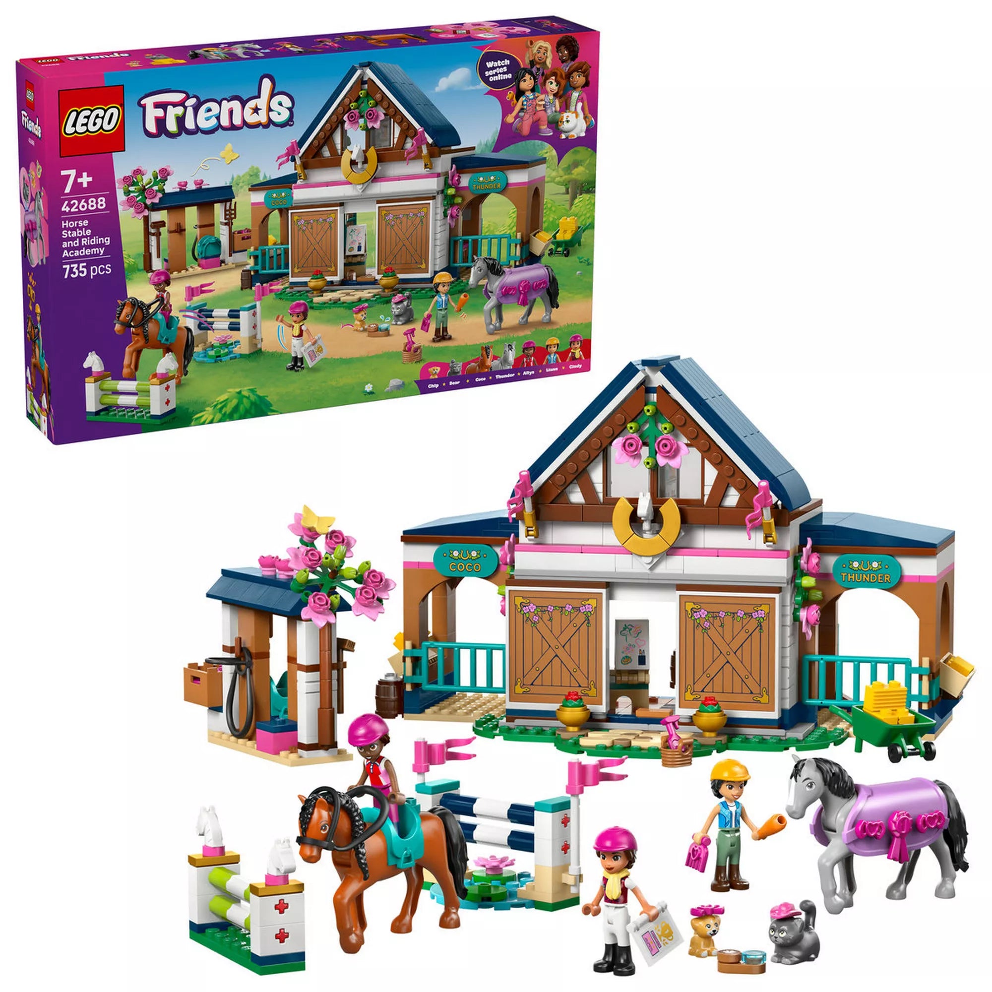 LEGO Friends Lovasistálló és lovasakadémia (42688) készlet a dobozzal együtt, felépített istállóval, lovagló akadályokkal, minibabafigurákkal, lovakkal és állatkiegészítőkkel.