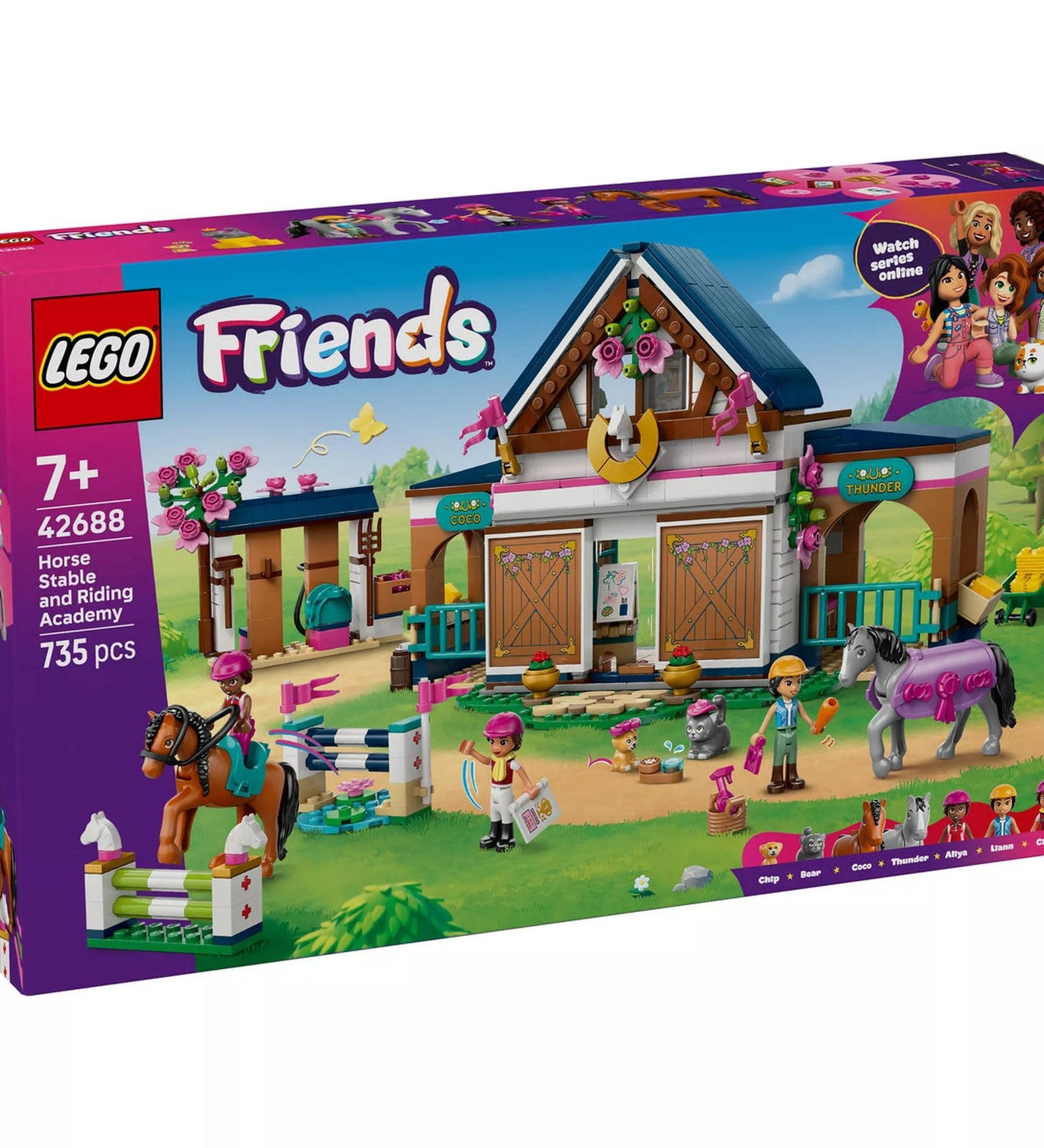 LEGO Friends Lovasistálló és lovasakadémia (42688) készlet dobozának eleje, istállóépülettel, ugrató akadályokkal, 2 lóval, minibabafigurákkal és kiegészítőkkel.