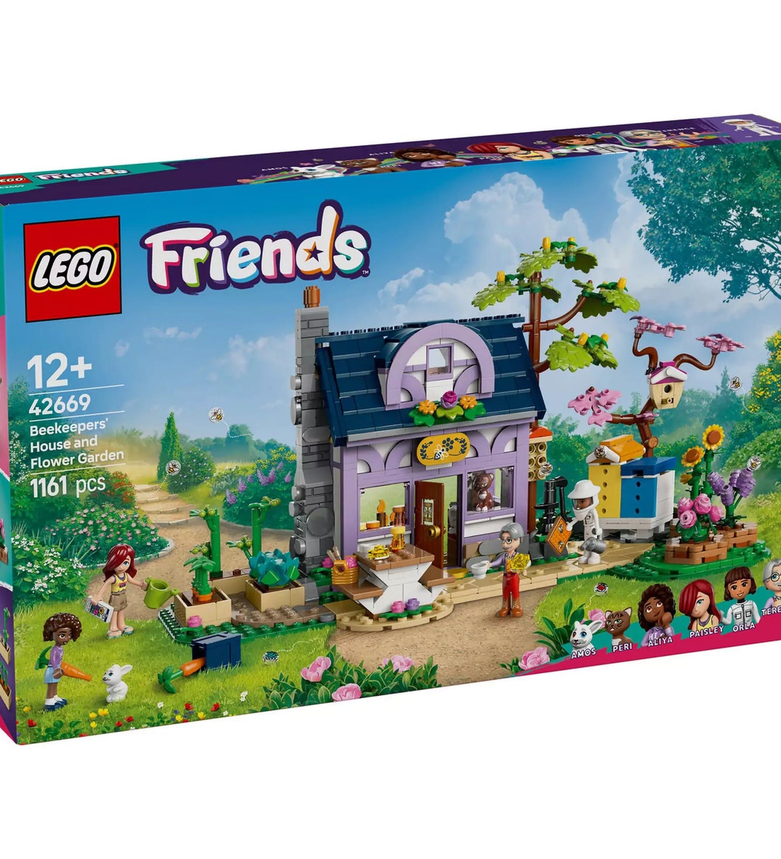LEGO Friends Méhészek háza és virágoskert 42669 doboza, amely egy kétemeletes házat és virágoskertet ábrázol.