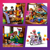 LEGO Friends Otthonos kabin az őszi erdőben részletképei, amelyek a tábortüzet, a hálószobát, a nappalit és a tandemkerékpárt mutatják be.