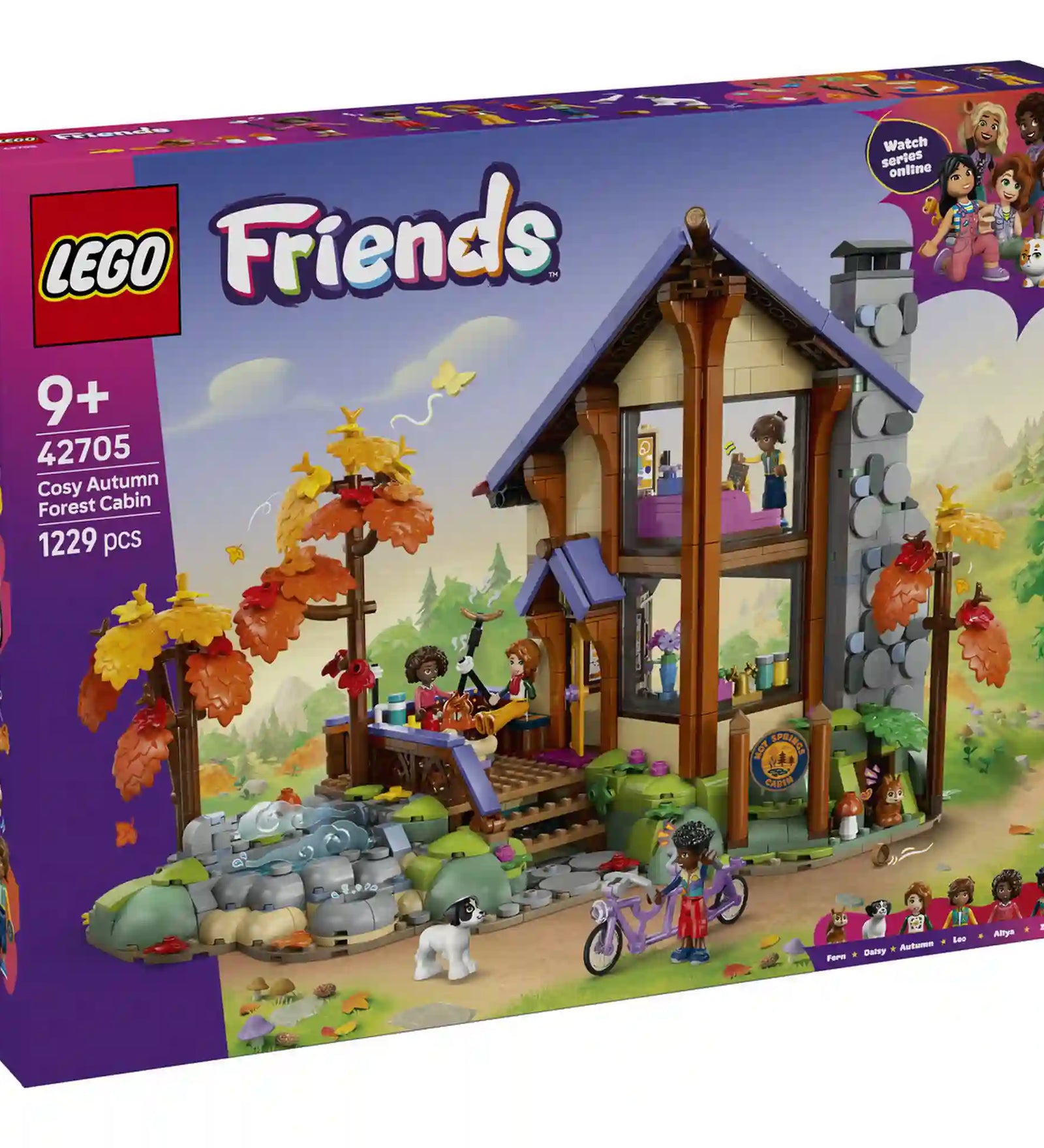 LEGO Friends Otthonos kabin az őszi erdőben (42705) készlet dobozképe, amely az erdei faházat, a színes őszi fákat, a patakot és a Friends szereplőket mutatja be.