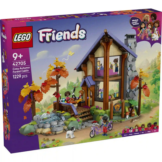 LEGO Friends Otthonos kabin az őszi erdőben (42705) készlet dobozképe, amely az erdei faházat, a színes őszi fákat, a patakot és a Friends szereplőket mutatja be.
